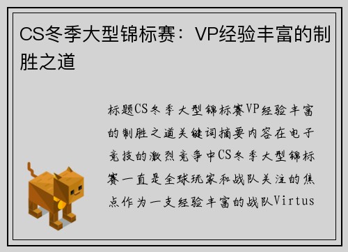 CS冬季大型锦标赛：VP经验丰富的制胜之道